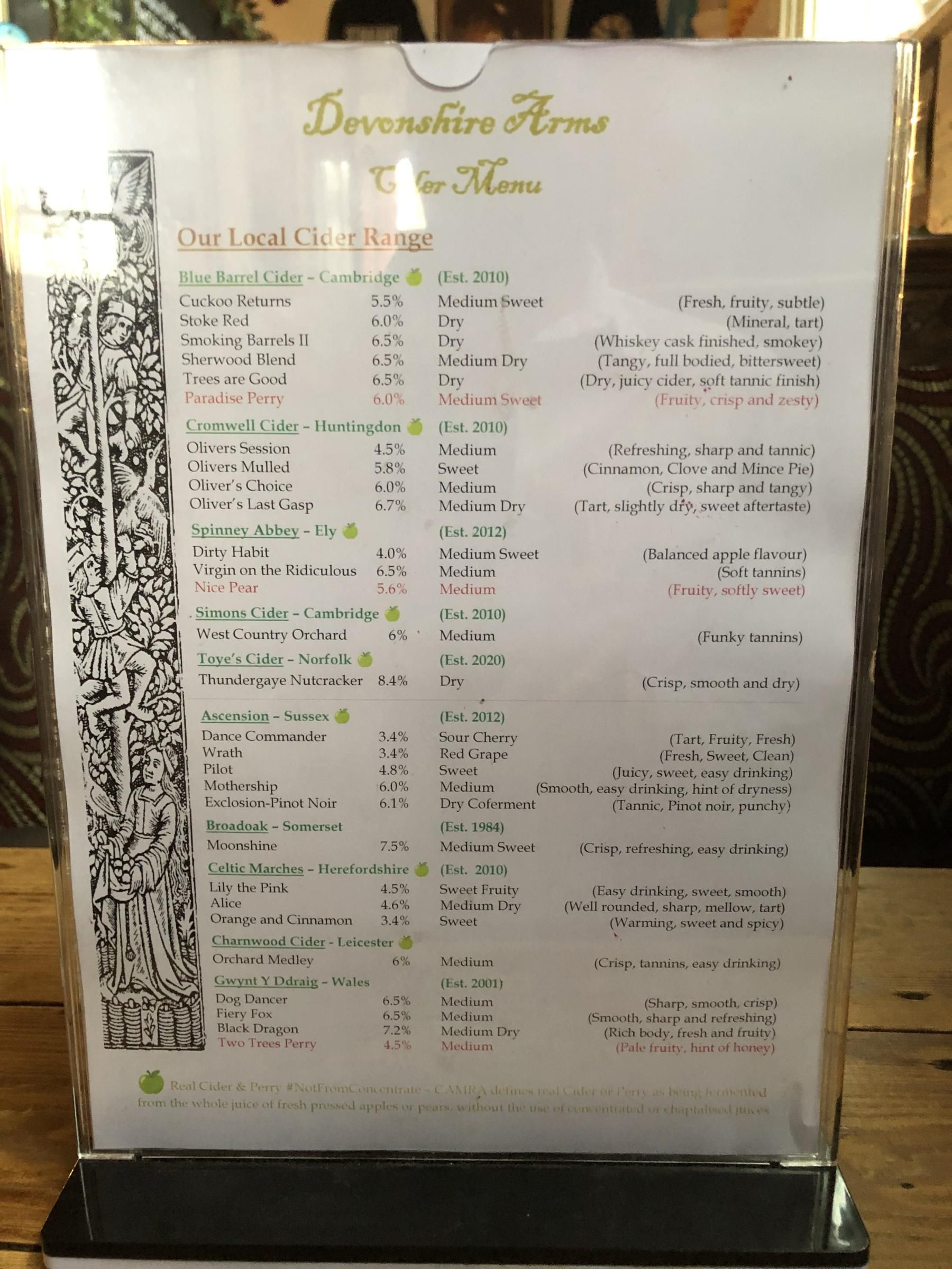 Page one of the cider menu. March 2026. Published on 19-03-2026