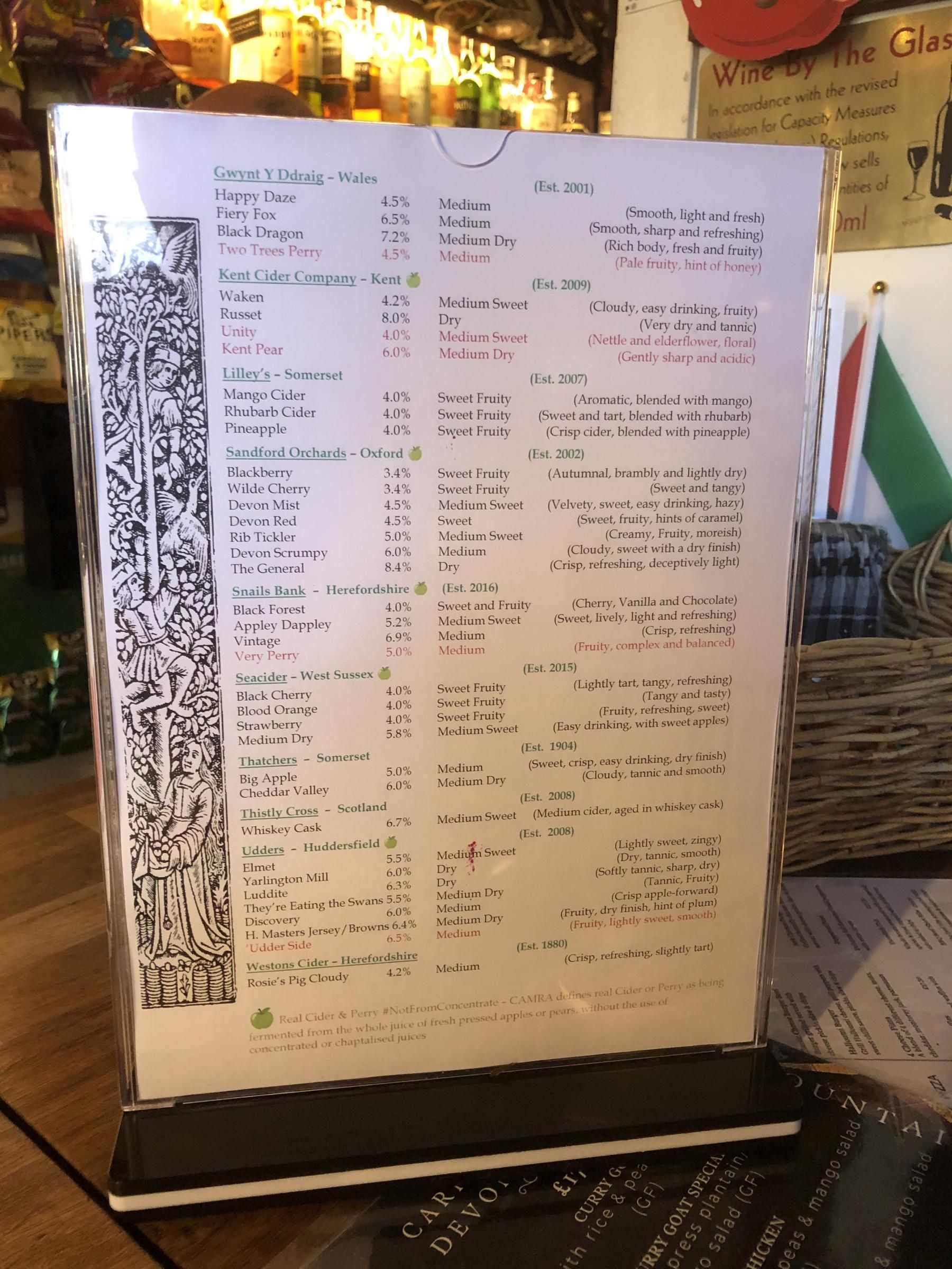 Page two of the cider menu. May 2026. Published on 10-05-2026