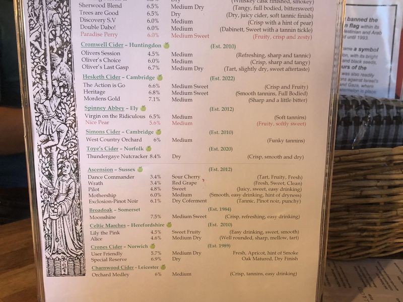Page one of the cider menu. May 2026. Published on 10-05-2026 