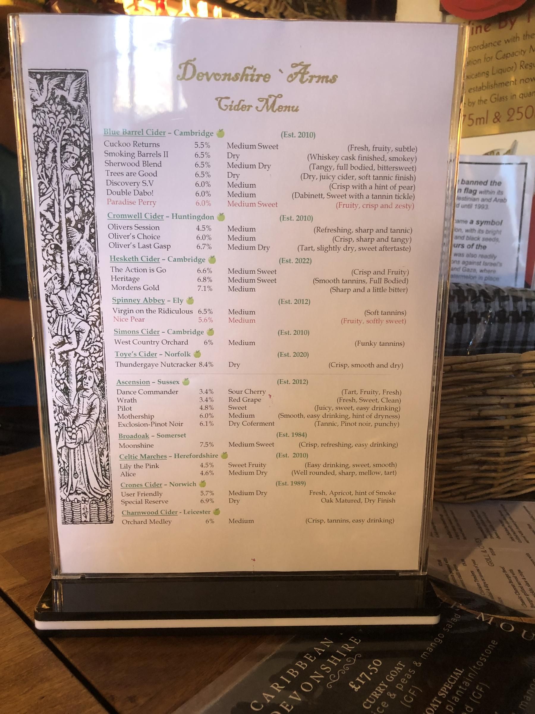 Page one of the cider menu. May 2026. Published on 10-05-2026