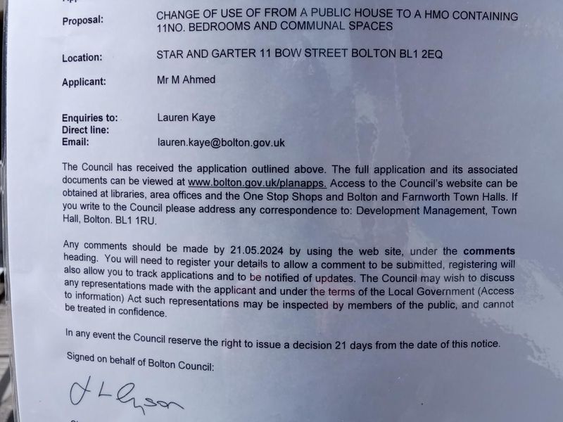 Change of Use Council Notice outside the pub mid 2024. (Sign). Published on 07-06-2024