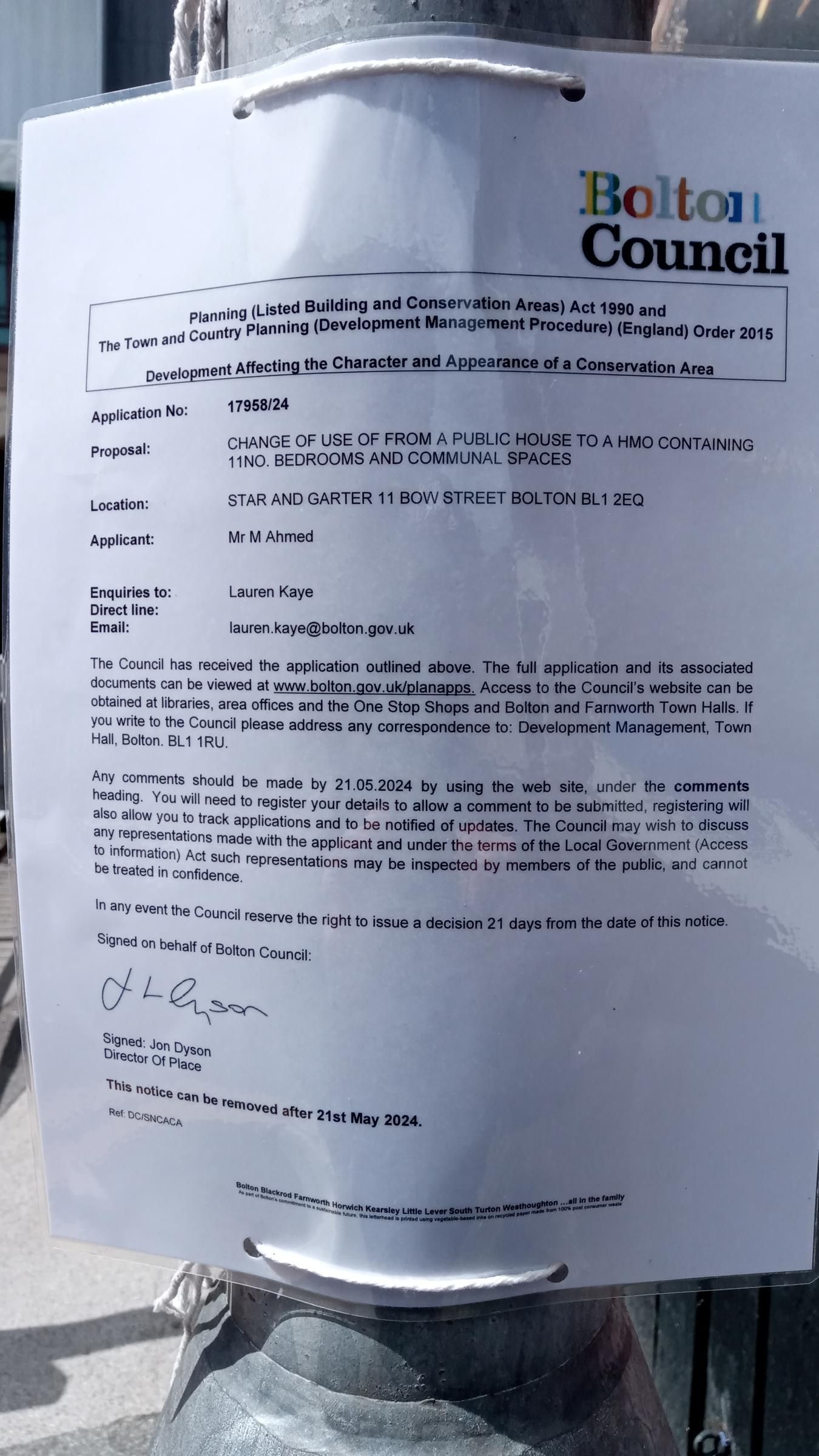 Change of Use Council Notice outside the pub mid 2024. (Sign). Published on 07-06-2024