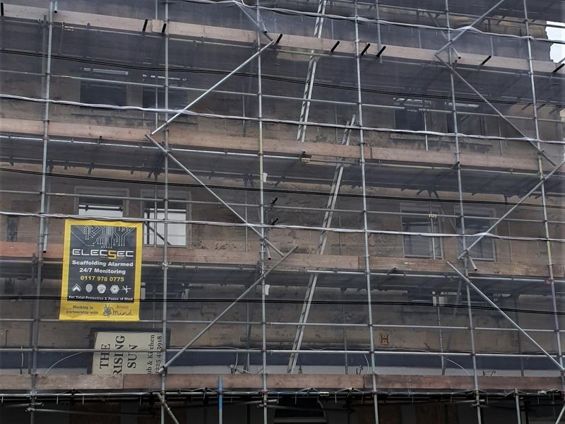 October 2022 - Scaffolded Exterior following Fire. (Pub, External). Published on 11-02-2025