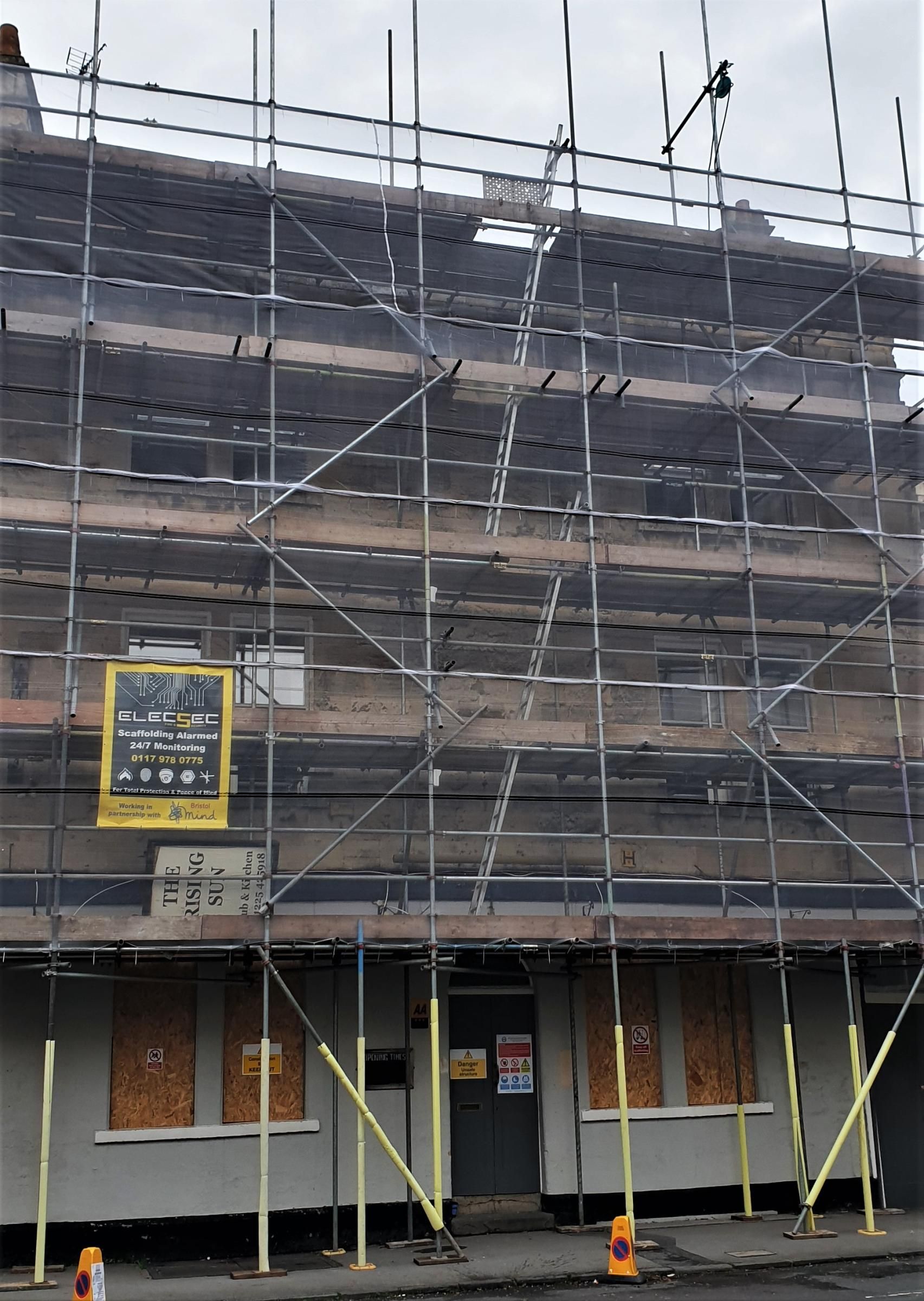 October 2022 - Scaffolded Exterior following Fire. (Pub, External). Published on 11-02-2025