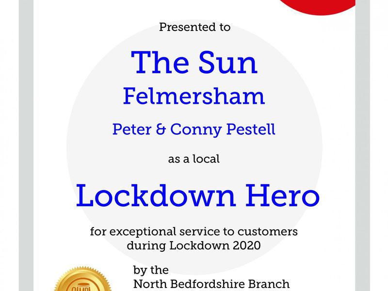 Sun, Felmersham- Lockdown Hero award 2020. (Award). Published on 11-11-2020 