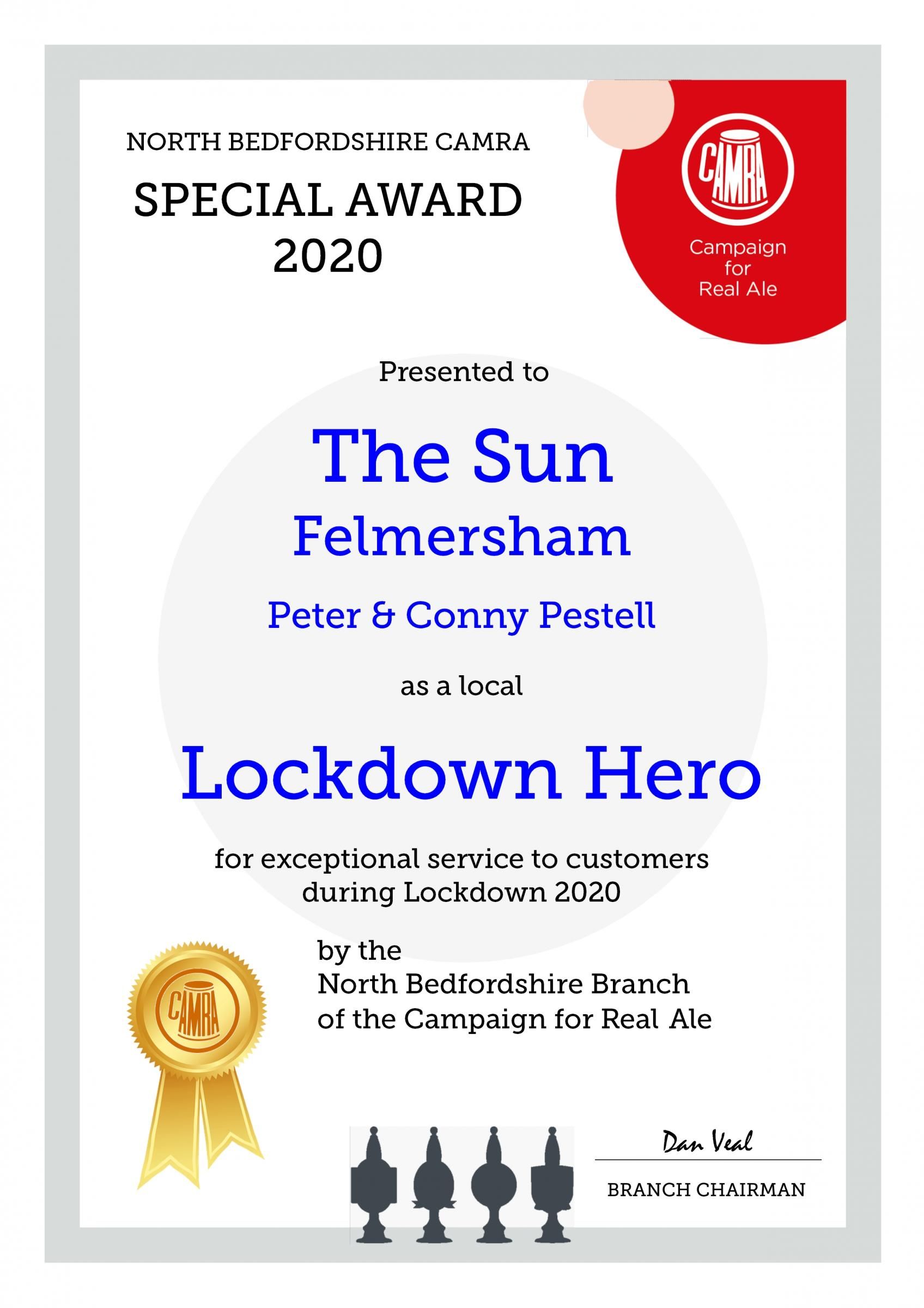 Sun, Felmersham- Lockdown Hero award 2020. (Award). Published on 11-11-2020