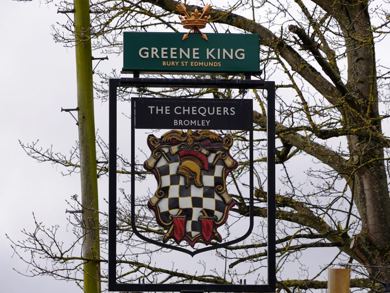 Photo taken 28 Mar 2021 wall Greene King pub sign.. (Sign). Published on 28-03-2021