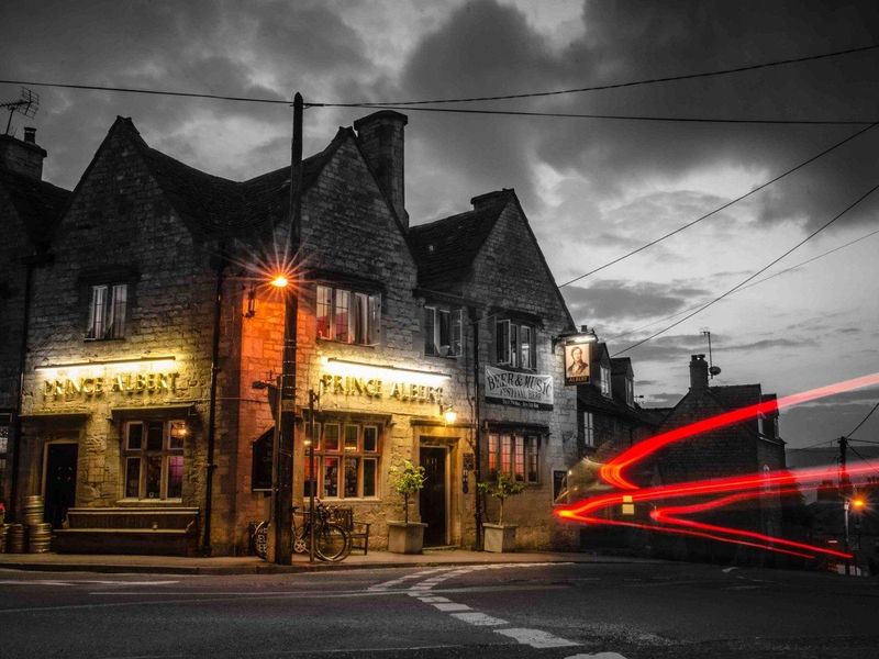 Prince Albert evening with brake light trails. (Pub, External, Key). Published on 03-03-2020