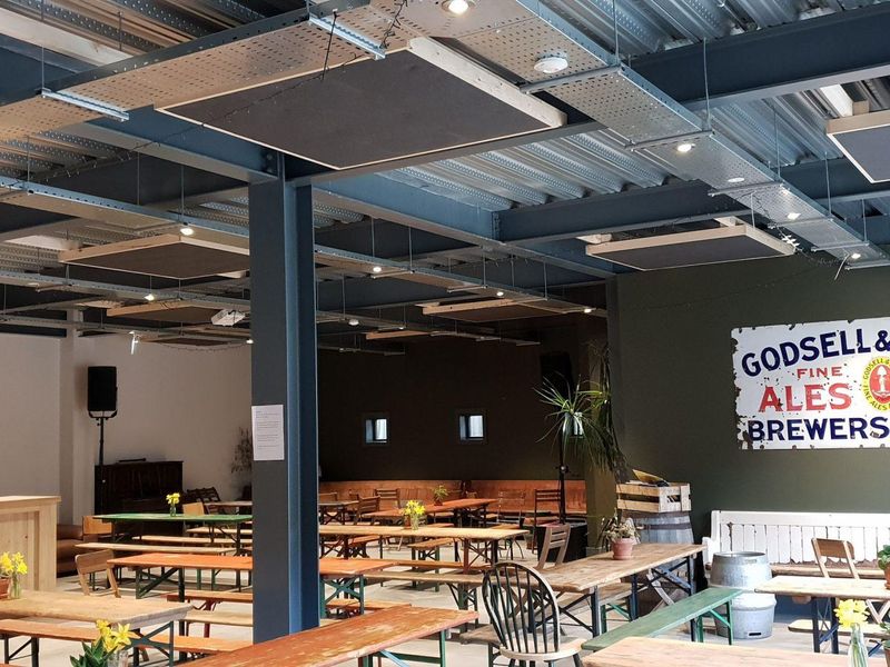 Stroud Brewery Taproom showing Godsell & Sons enamel panel. (Brewery, Bar). Published on 21-03-2020 