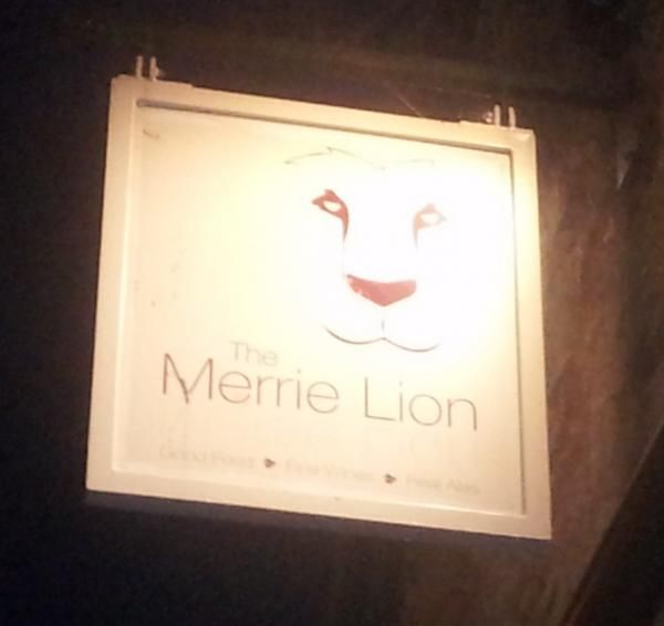 Merrie Lion pub sign at night. (Sign). Published on 27-06-2014