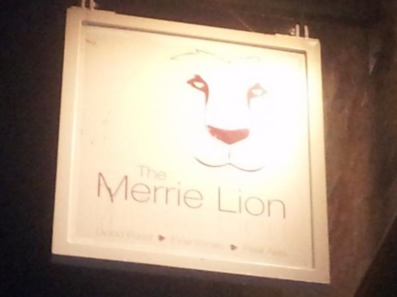 Merrie Lion pub sign at night. (Sign). Published on 27-06-2014 
