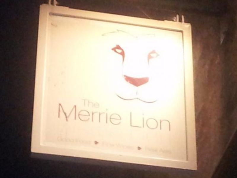 Merrie Lion pub sign at night. (Sign). Published on 27-06-2014