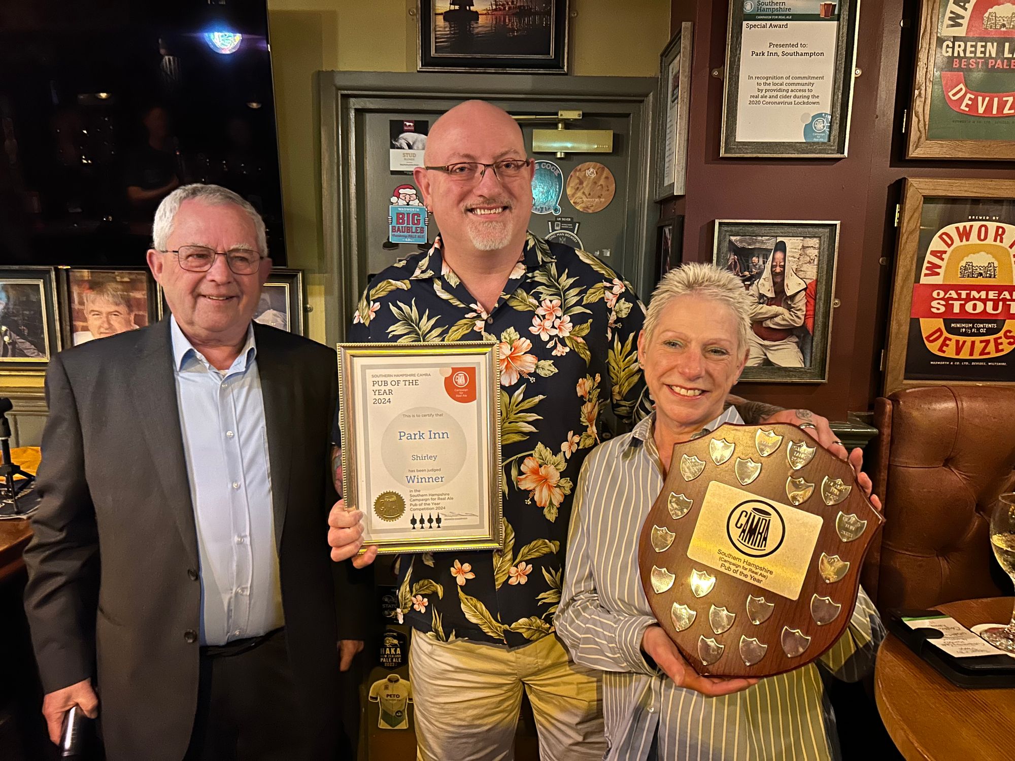 Norman Clinnick presents PotY 2024 award to Andy & Ceri Madsen. (Pub, External, Publican, Branch, Award). Published on 16-04-2024