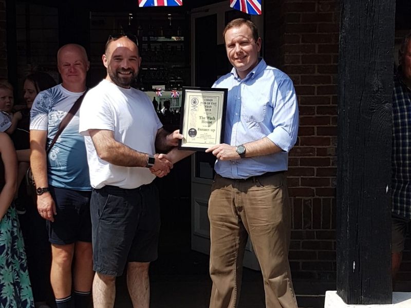 Wash House: Cider Pub of the Year 2018 (Photo: Duncan Broomfield. (Pub, External, Sign, Publican, Customers, Branch, Award). Published on 02-06-2018