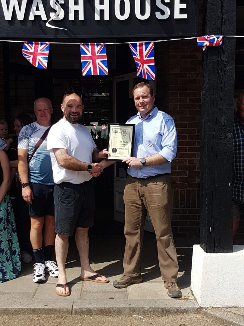 Wash House: Cider Pub of the Year 2018 (Photo: Duncan Broomfield. (Pub, External, Sign, Publican, Customers, Branch, Award). Published on 02-06-2018