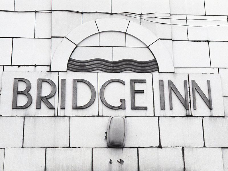 Heaton Norris - Bridge Inn name detail 1987. (Pub, External, Sign). Published on 02-01-2025 