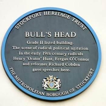 Stockport - Bulls Head - blue plaque. (Pub, External, Award). Published on 09-02-2020