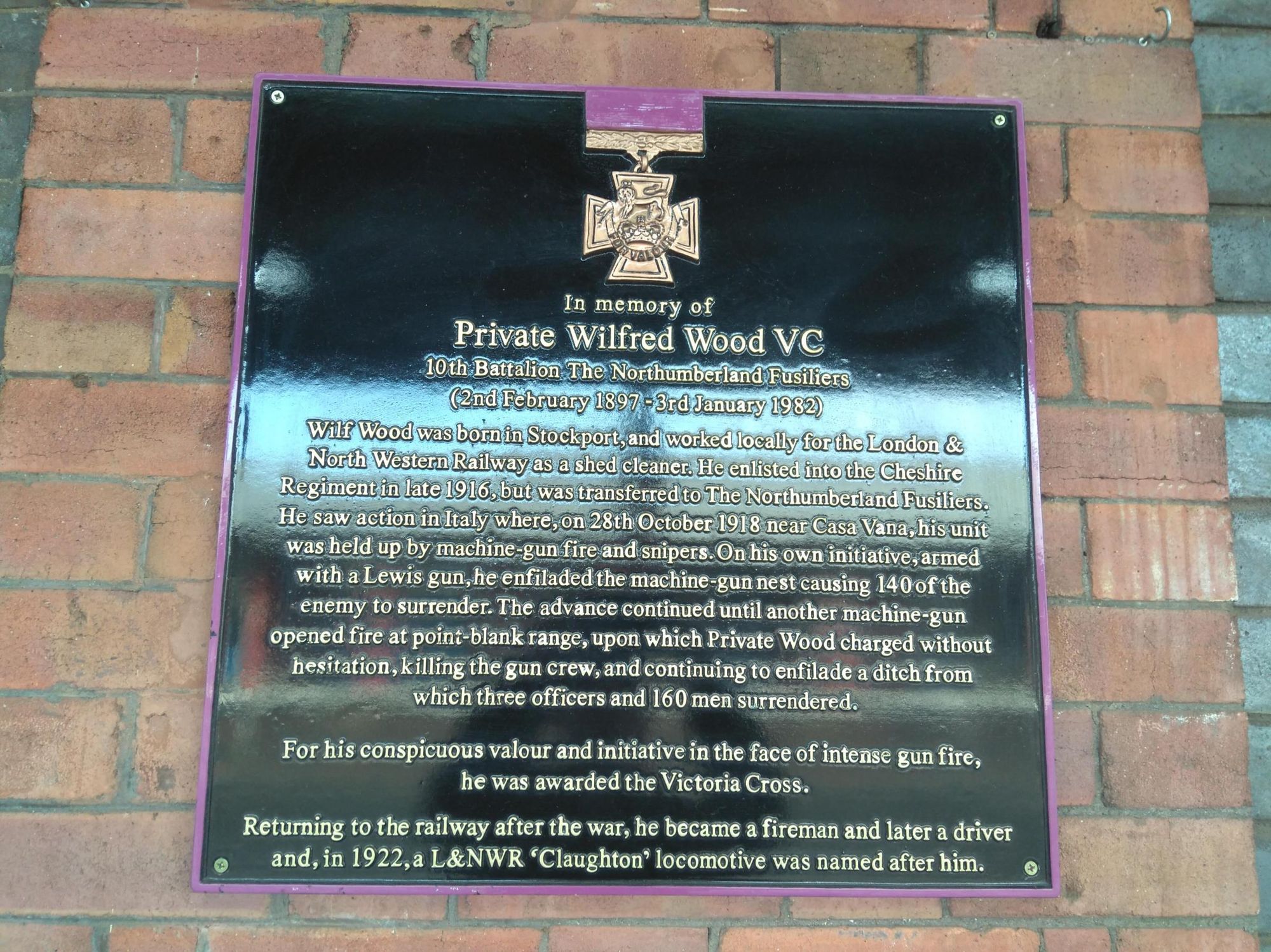 Hazel Grove - Wilfred Wood Plaque at Stockport station. (Pub, External). Published on 25-06-2019
