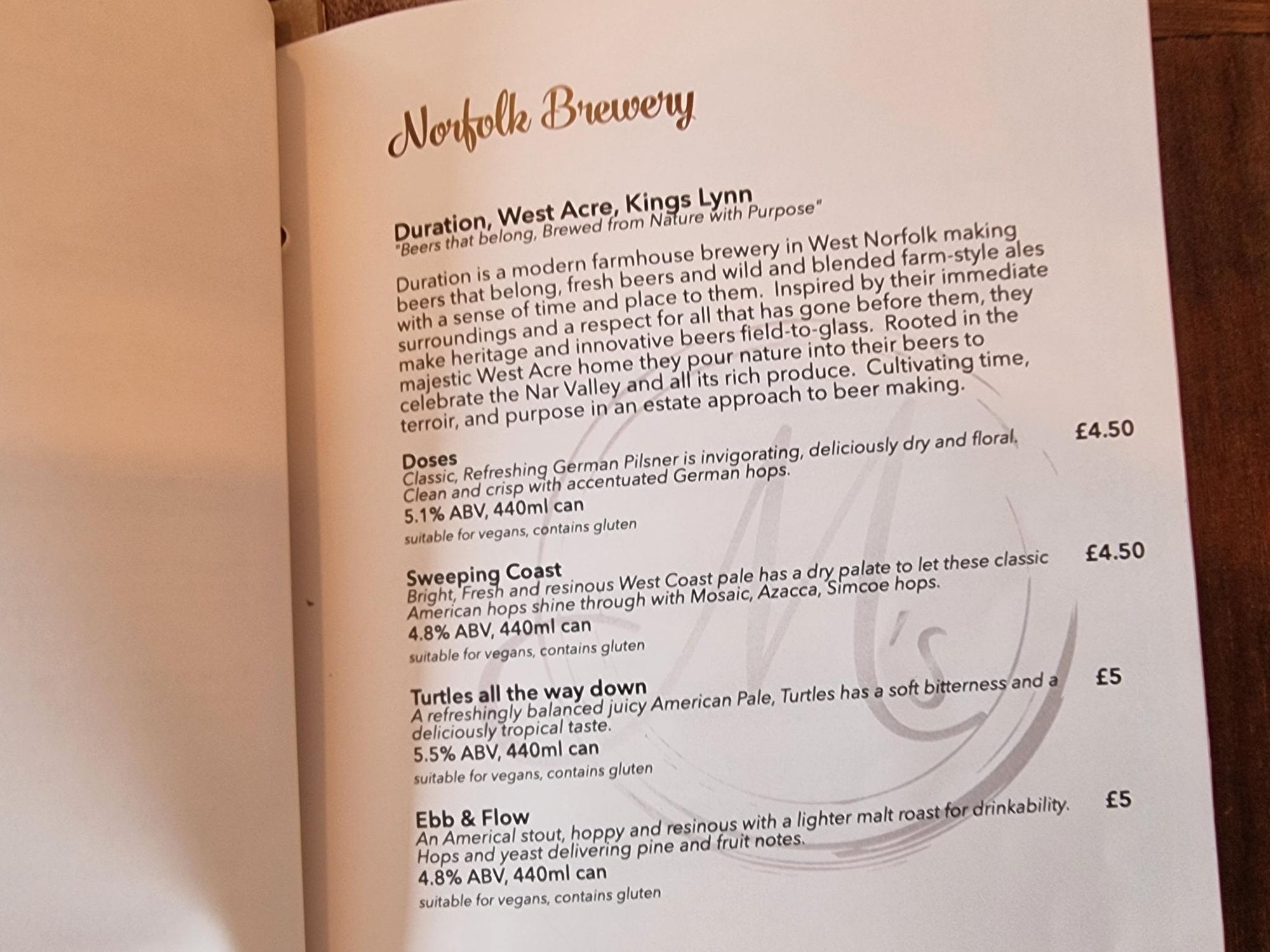 Page from menu of Norfolk breweries. (Sign). Published on 01-05-2025