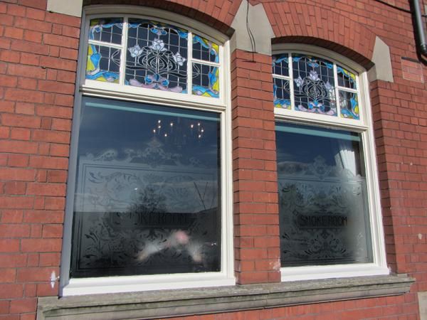 Etched windows with stained glass uppers. (Pub, External). Published on 28-04-2014