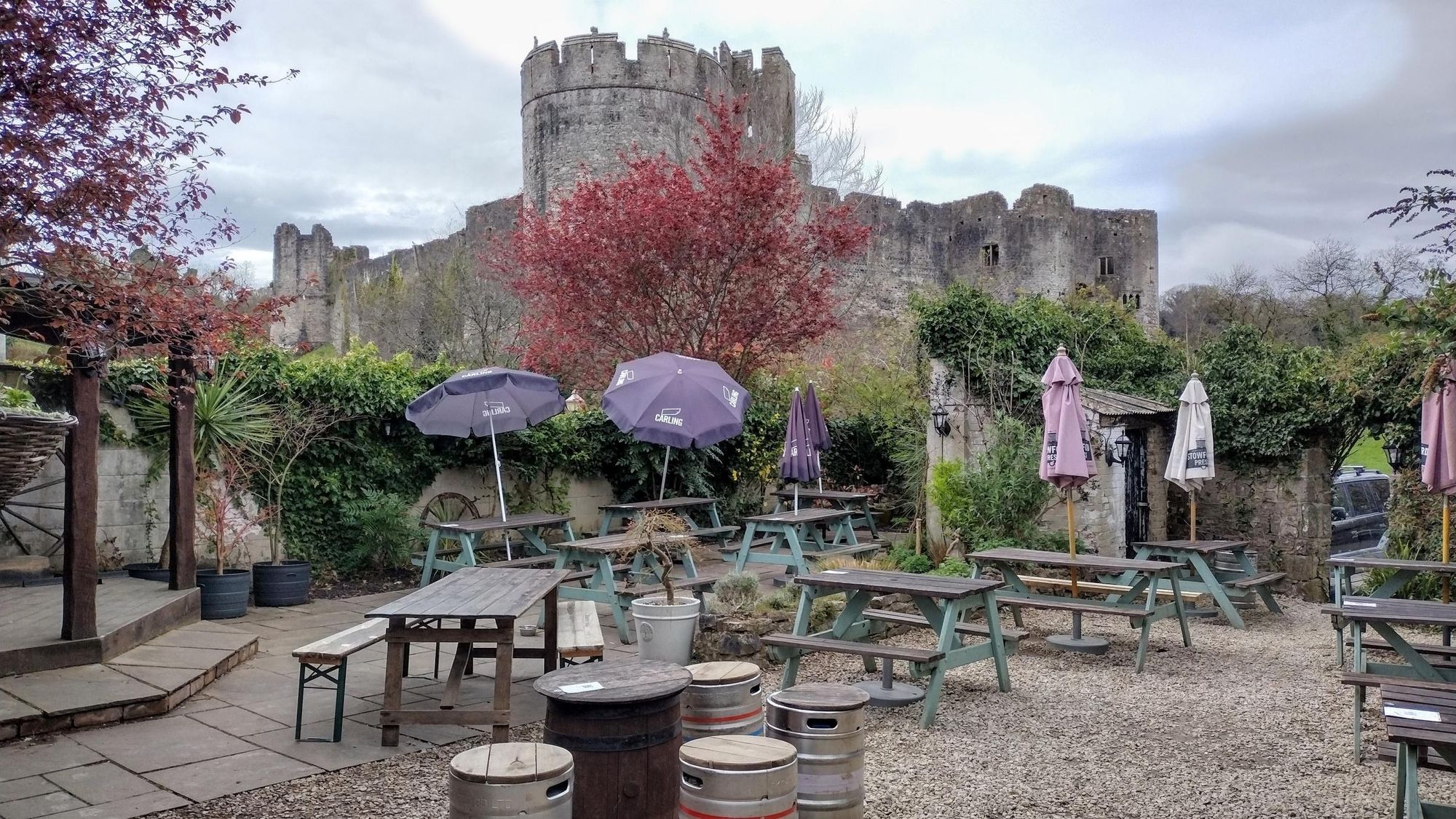 Chepstow Castle overlooks the beer garden. (Garden). Published on 06-04-2022