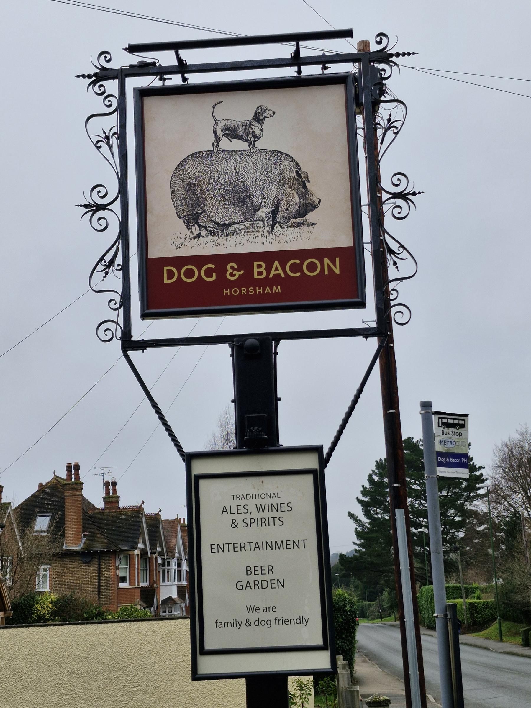Dog & Bacon Horsham Pub sign. (Pub, Sign). Published on 29-12-2024