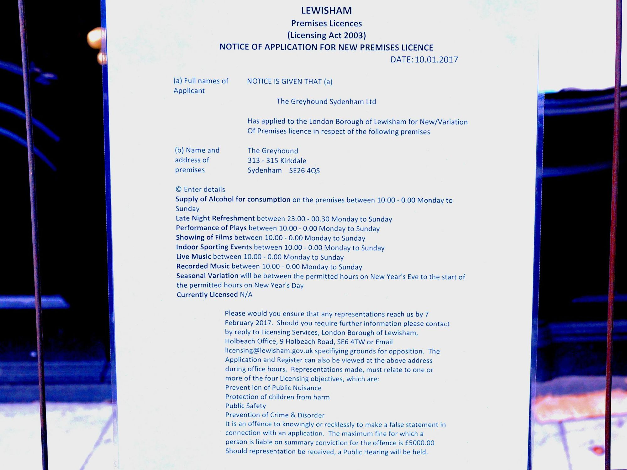 Photo taken 11 March 2017; licence application.. (Sign). Published on 17-03-2017