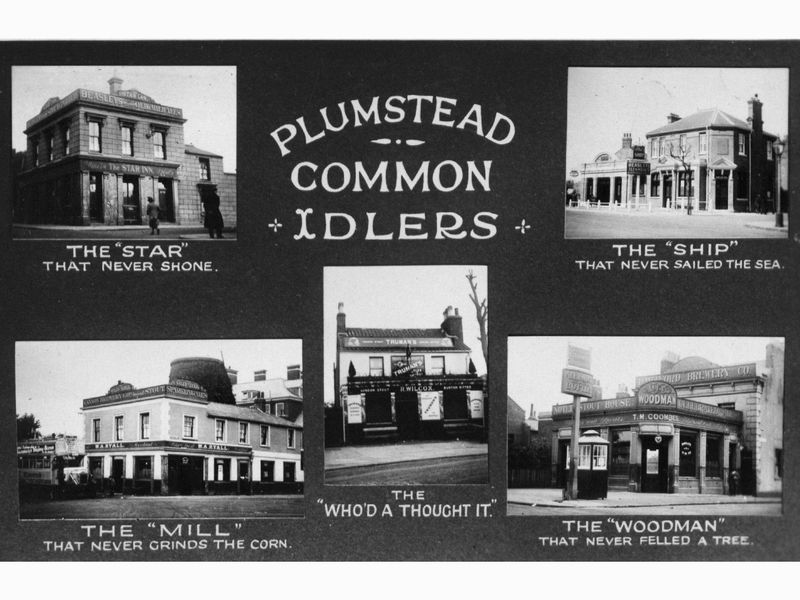 Old postcard of the 5 Plumstead Common Idlers. (Pub, External). Published on 02-10-2022