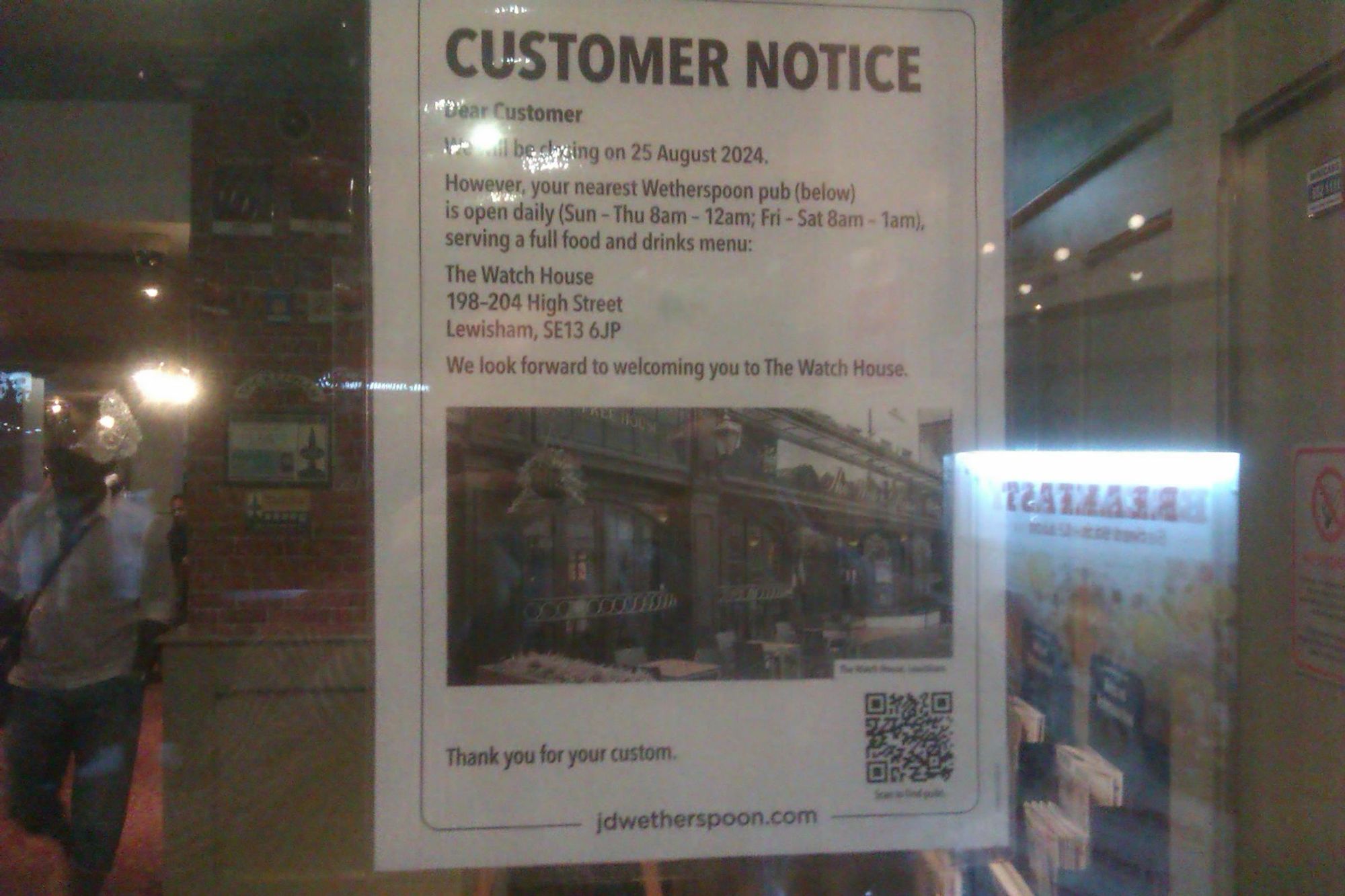 The fateful Wetherspoon's closure notice. (Bar). Published on 24-08-2024