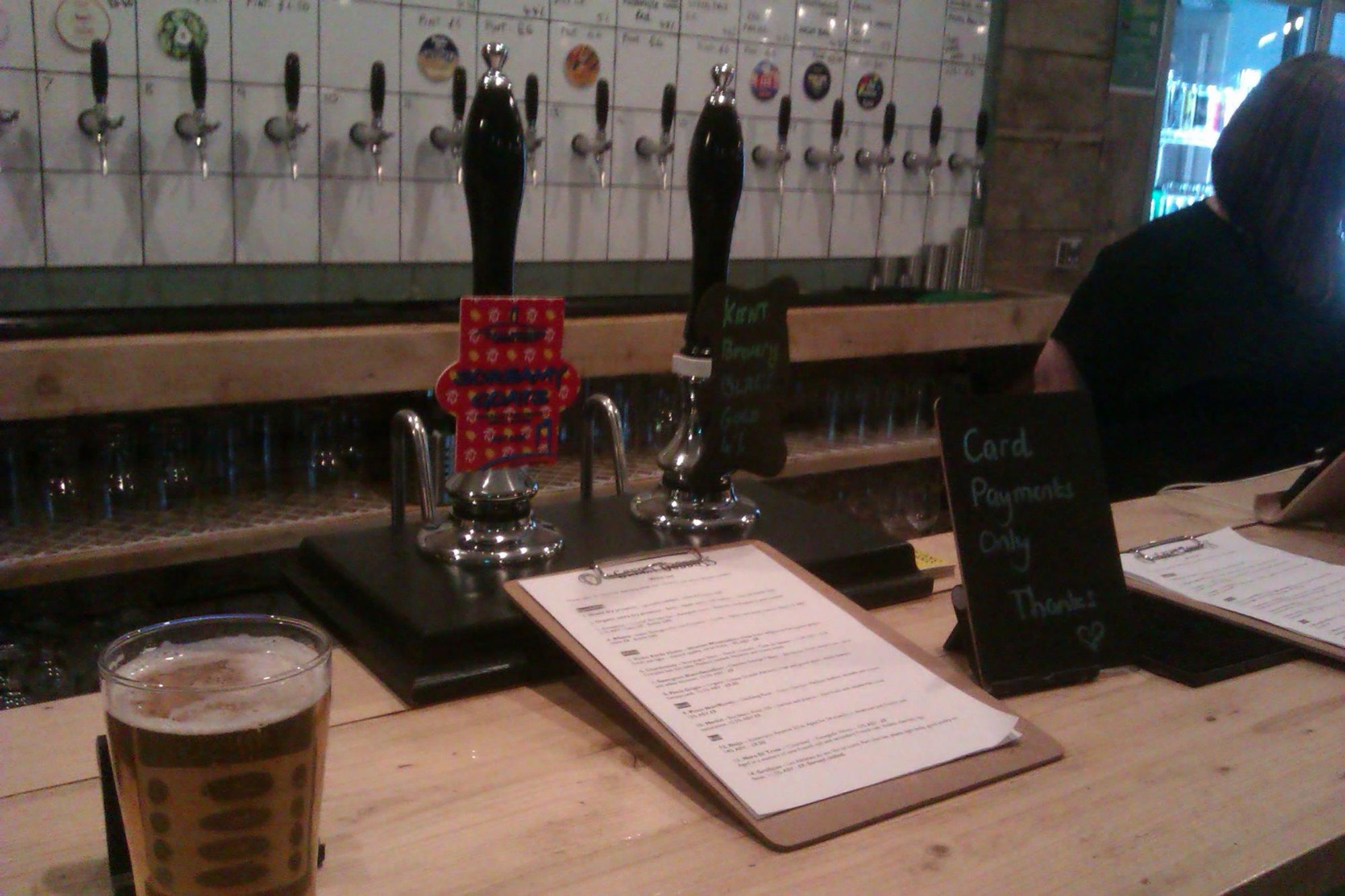 Handpumps and keg taps behind. (Bar). Published on 23-09-2022