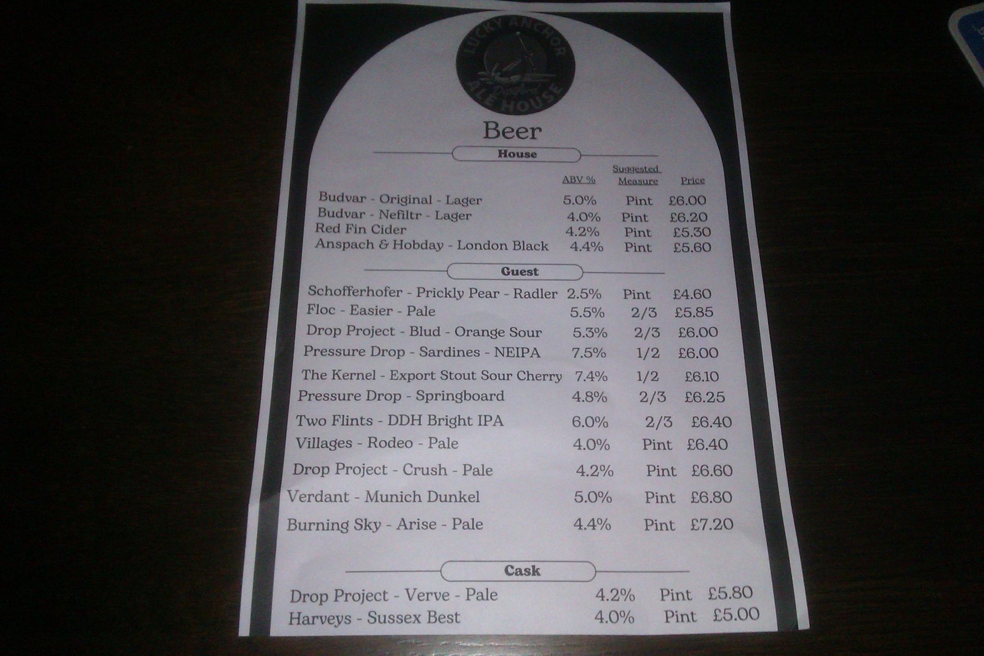 A typical draught beer bar drink menu sheet. (Bar). Published on 25-07-2024
