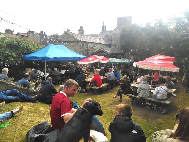 Brass band playing in the garden, Talbot Arms, Settle, July 2026. (External, Garden, Customers). Published on 03-08-2026 