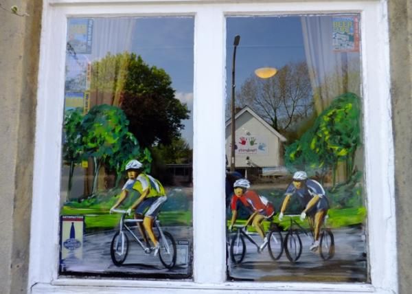 The Kings Arms, Silsden, Tour de France windows. (Pub, External). Published on 23-01-2015