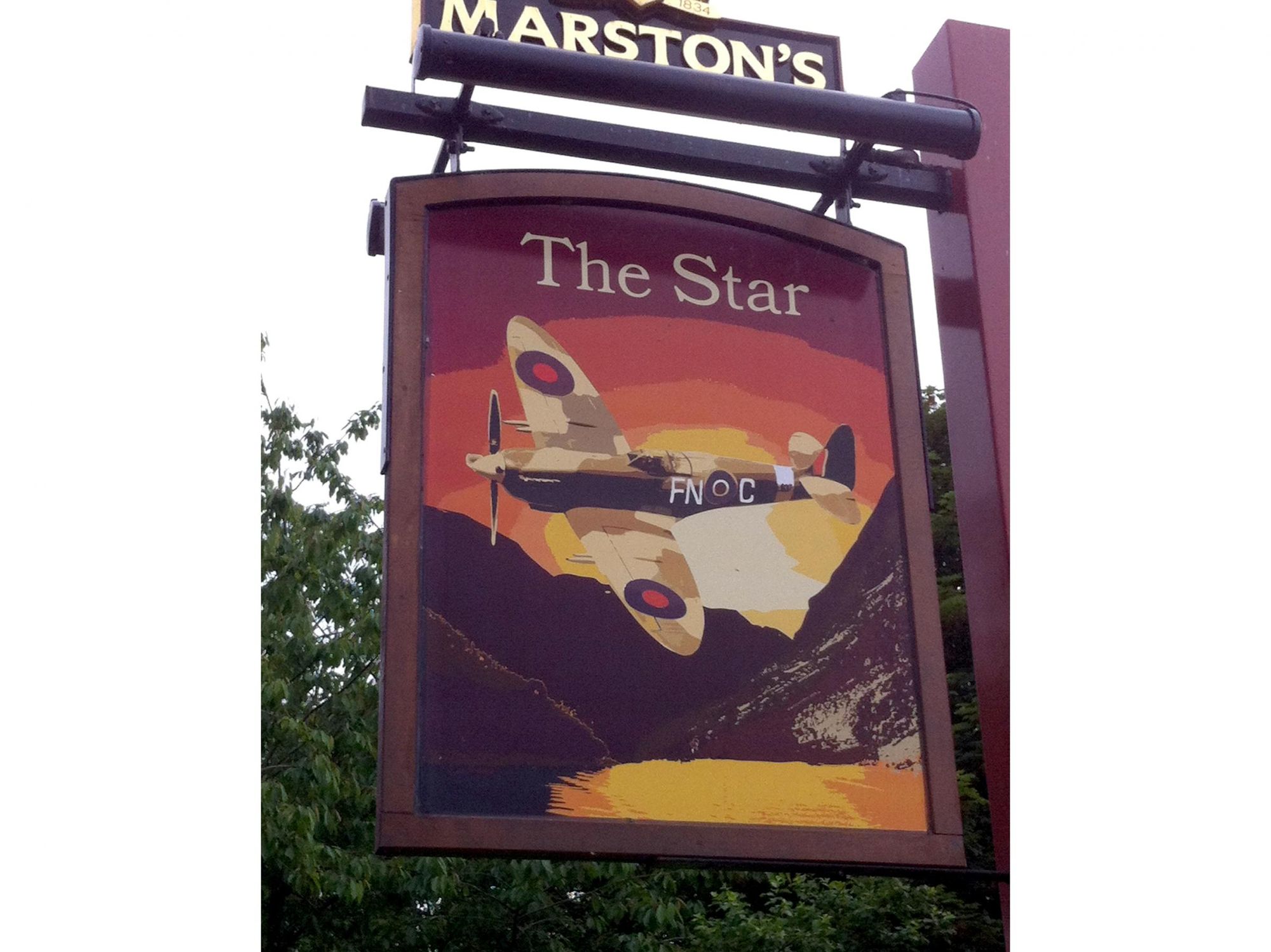 Stone Star. Pub sign depicting the "Star of Stone" Spitfire 2014. (Sign). Published on 01-10-2021