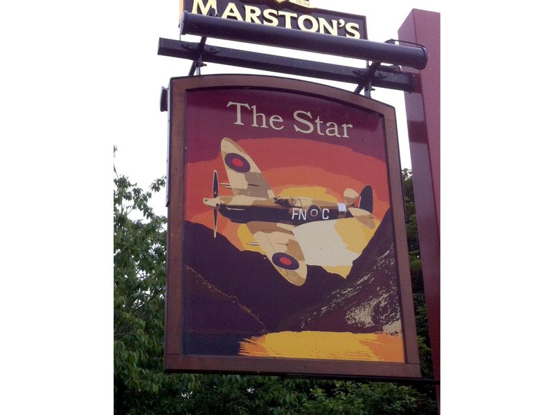 Stone Star. Pub sign depicting the "Star of Stone" Spitfire 2014. (Sign). Published on 01-10-2021 