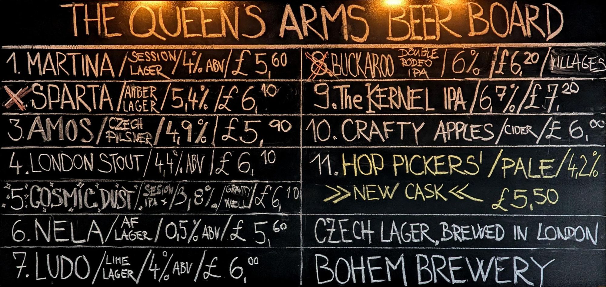 Queens Arms SW8 beer board 2025-08-26. (Bar). Published on 26-08-2025
