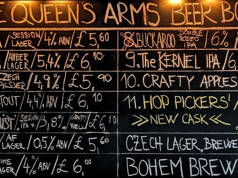 Queens Arms SW8 beer board 2025-08-26. (Bar). Published on 26-08-2025 