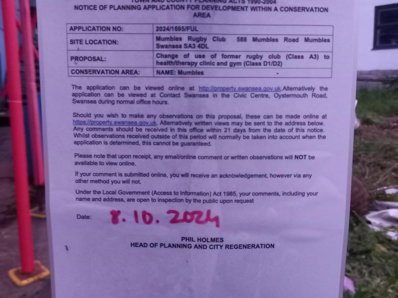 Mumbles Rugby Club change of use application. (External, Key). Published on 02-11-2024