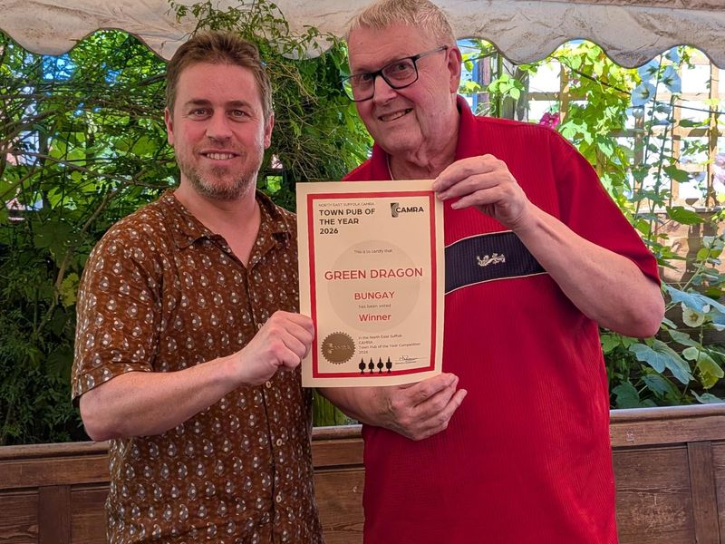 2026 Town PotY presentation to Green Dragon, Bungay. (External, Publican, Award). Published on 28-06-2026 