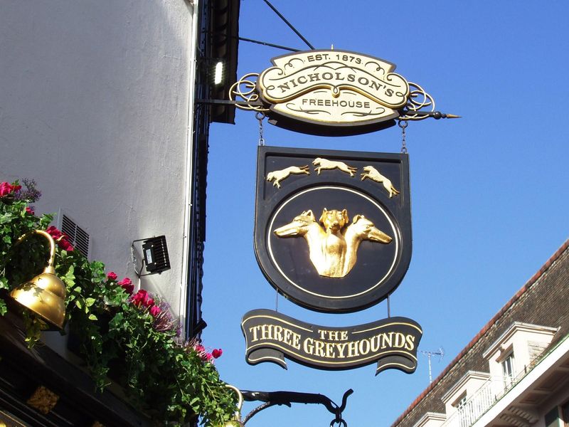Three Greyhounds W1-sign May 2018. (Pub, External, Sign). Published on 07-05-2018