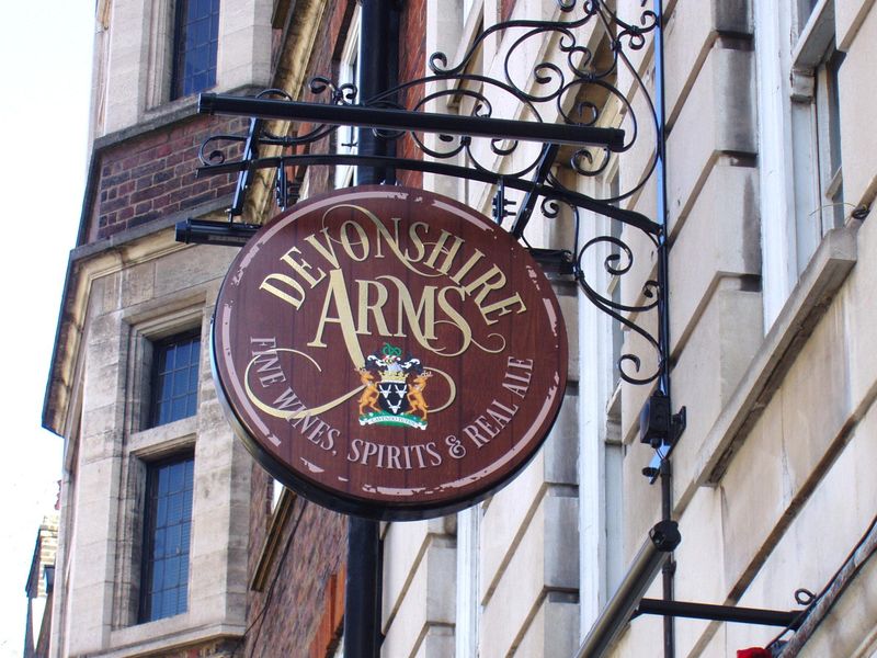 Devonshire Arms sign Marylebone Apr 2023. (Pub, External, Sign). Published on 09-04-2023 