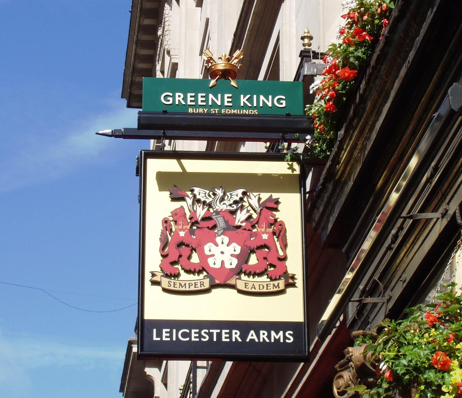 Leicester Arms W1 sign June 2017. (Pub, External, Sign). Published on 05-06-2017