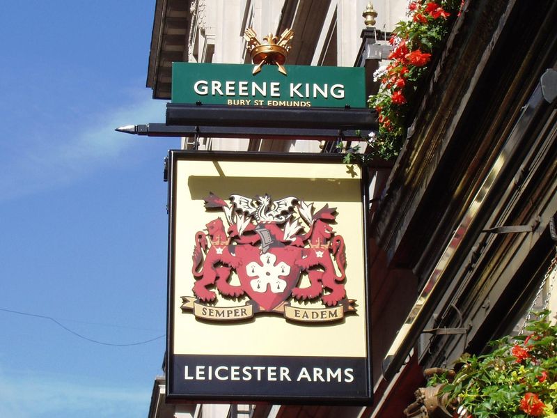 Leicester Arms W1 sign June 2017. (Pub, External, Sign). Published on 05-06-2017