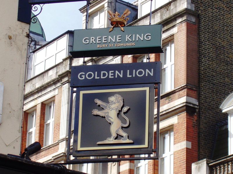 Golden Lion W1 sign at May 2017. (Pub, External, Sign). Published on 22-05-2017