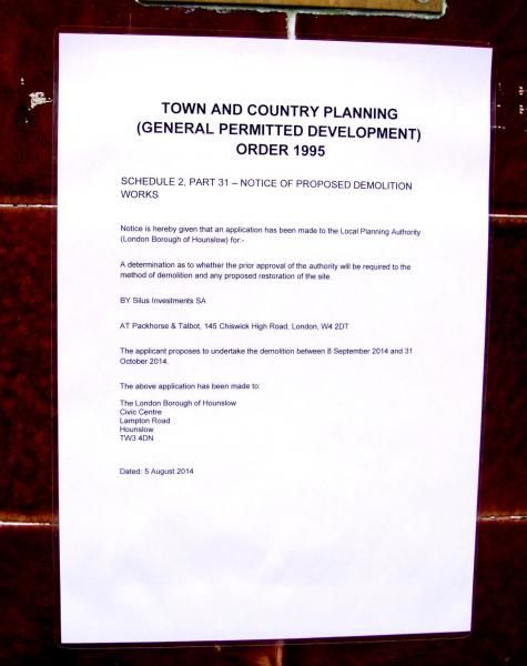 Demolition notice 5 Aug 2014. (Pub). Published on 09-08-2014