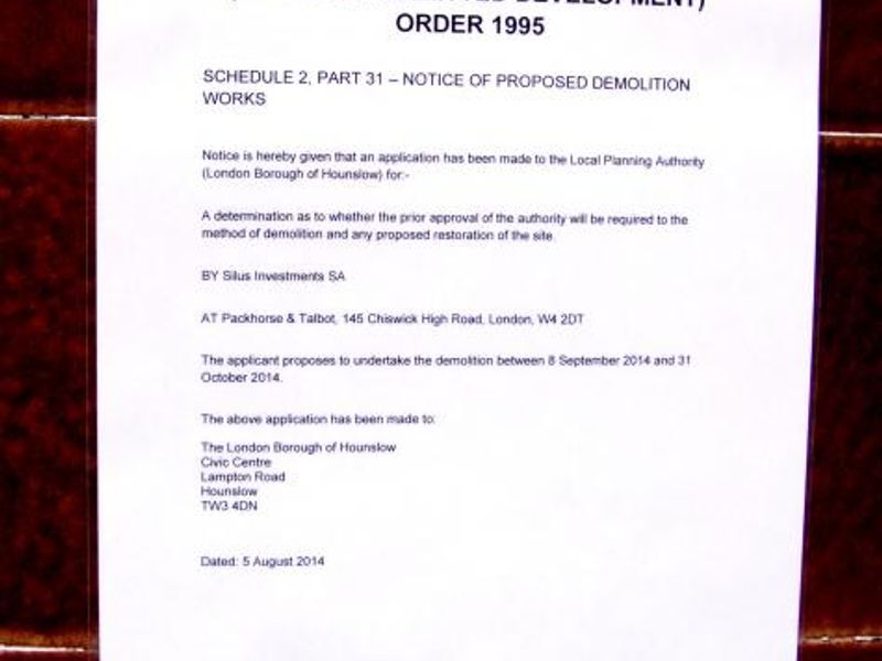 Demolition notice 5 Aug 2014. (Pub). Published on 09-08-2014 