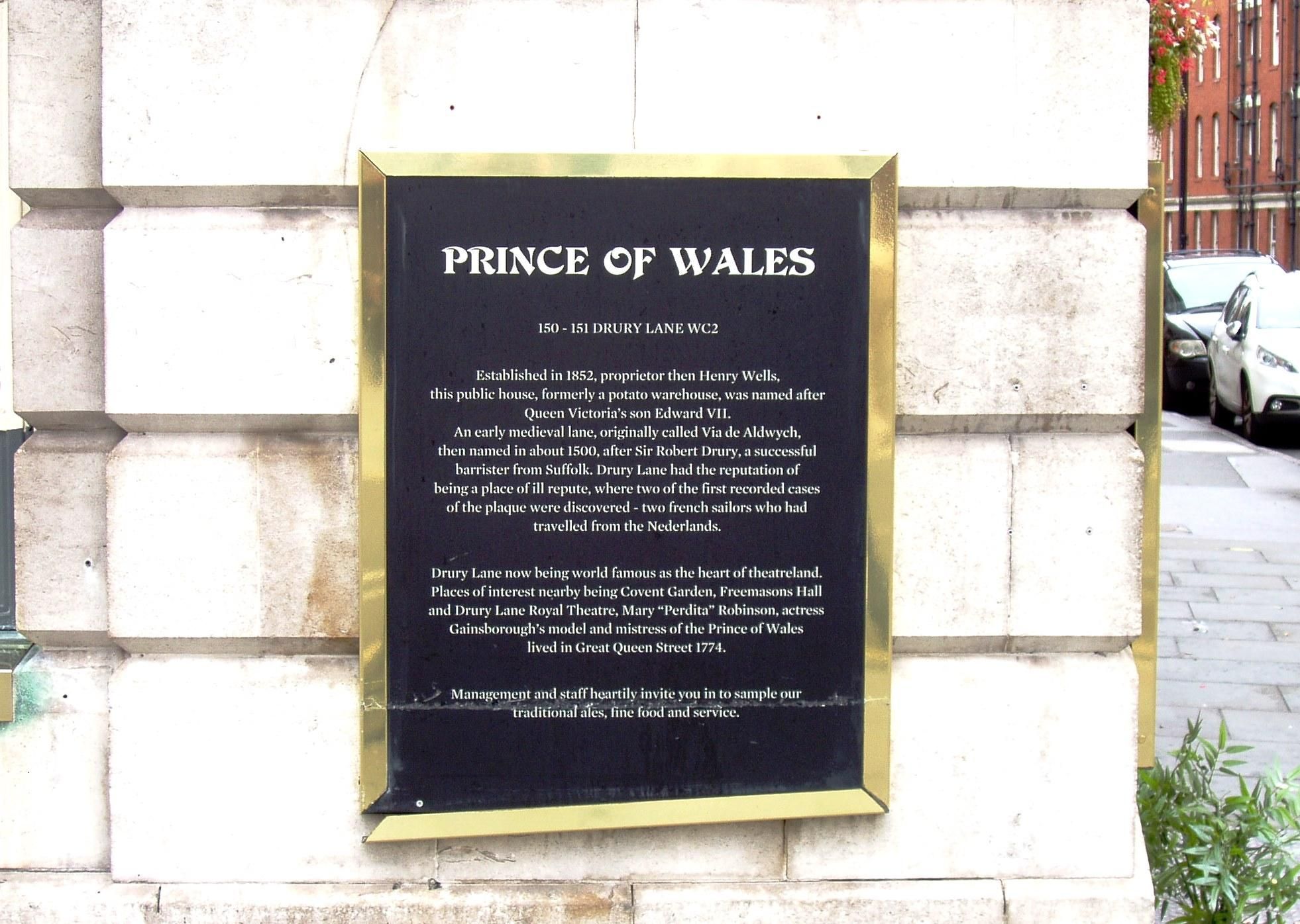 Prince of Wales WC2 plaque Sep 2017. (Pub, External, Sign). Published on 17-09-2017