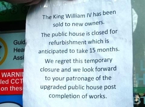 Window poster King Wm IV SW1 Jan 2018 . (Pub, External, Key). Published on 06-01-2018