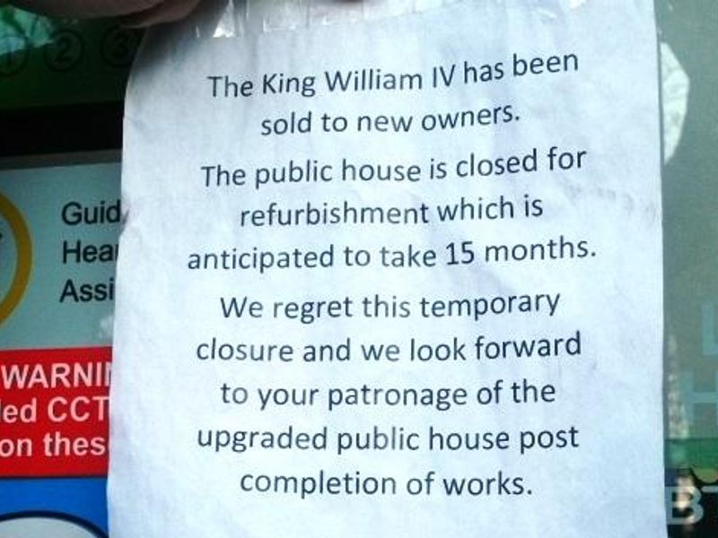 Window poster King Wm IV SW1 Jan 2018 . (Pub, External, Key). Published on 06-01-2018