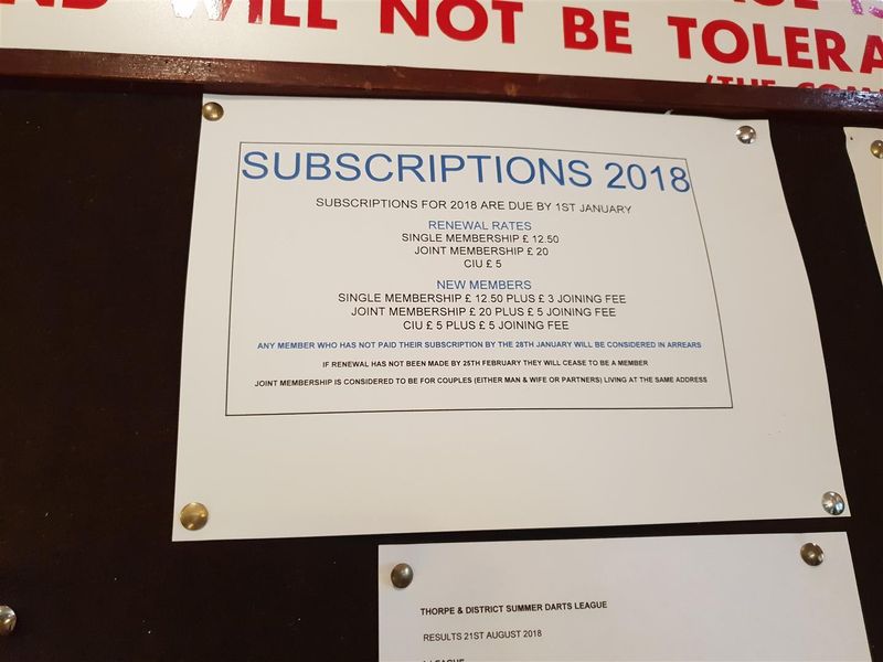 Thorpe-le-Soken Sports and Social Club - 2018 fees. (Pub). Published on 09-05-2018